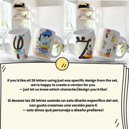 Four mugs with cartoon character designs on a white surface.