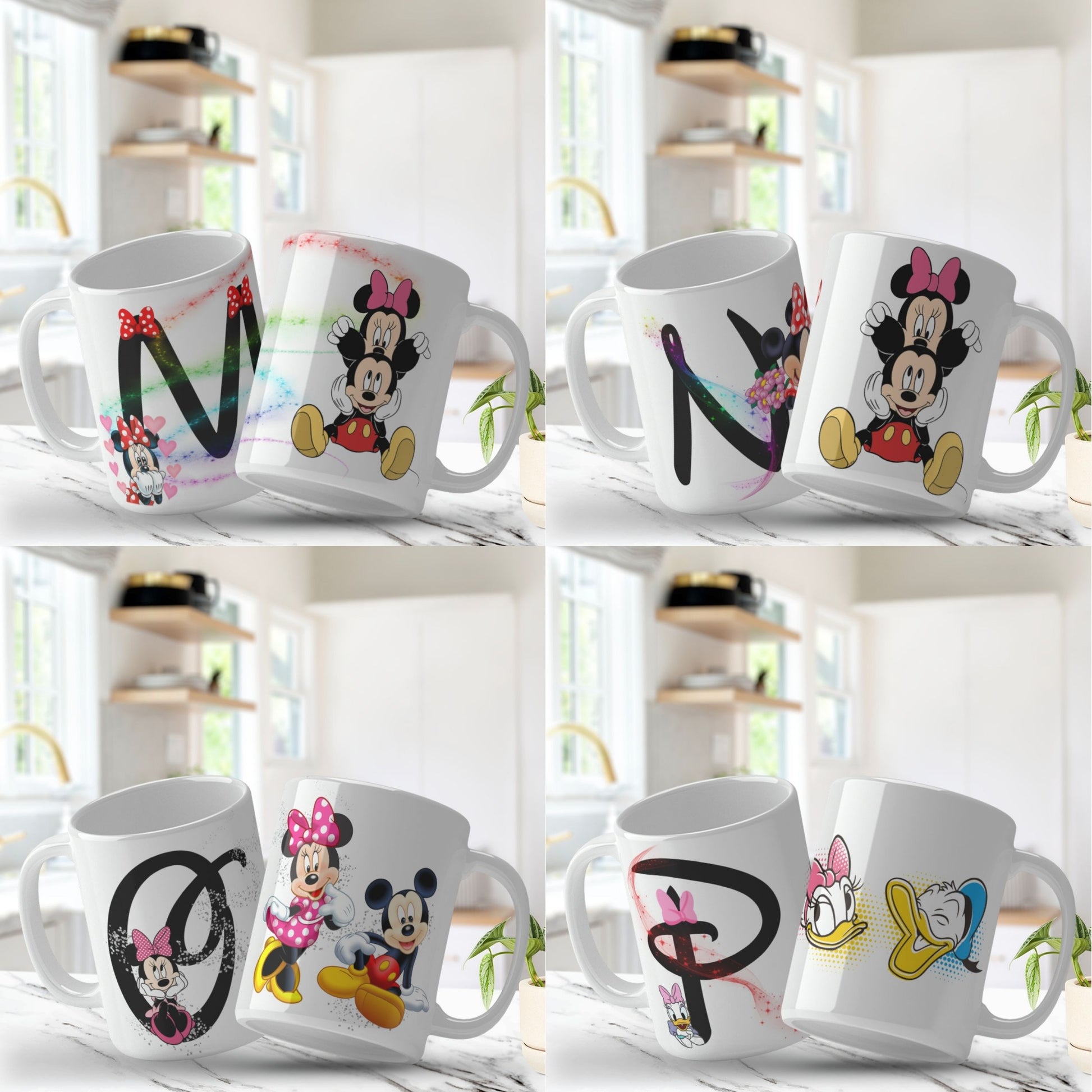 Set of four mugs with cartoon characters and letters on a white background. Png mug designs. 