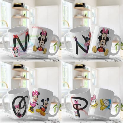 Set of four mugs with cartoon characters and letters on a white background. Png mug designs. 