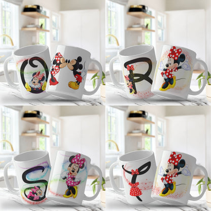 Set of four mugs with cartoon characters and letters on a white background. Mug template sfor sublimation. 