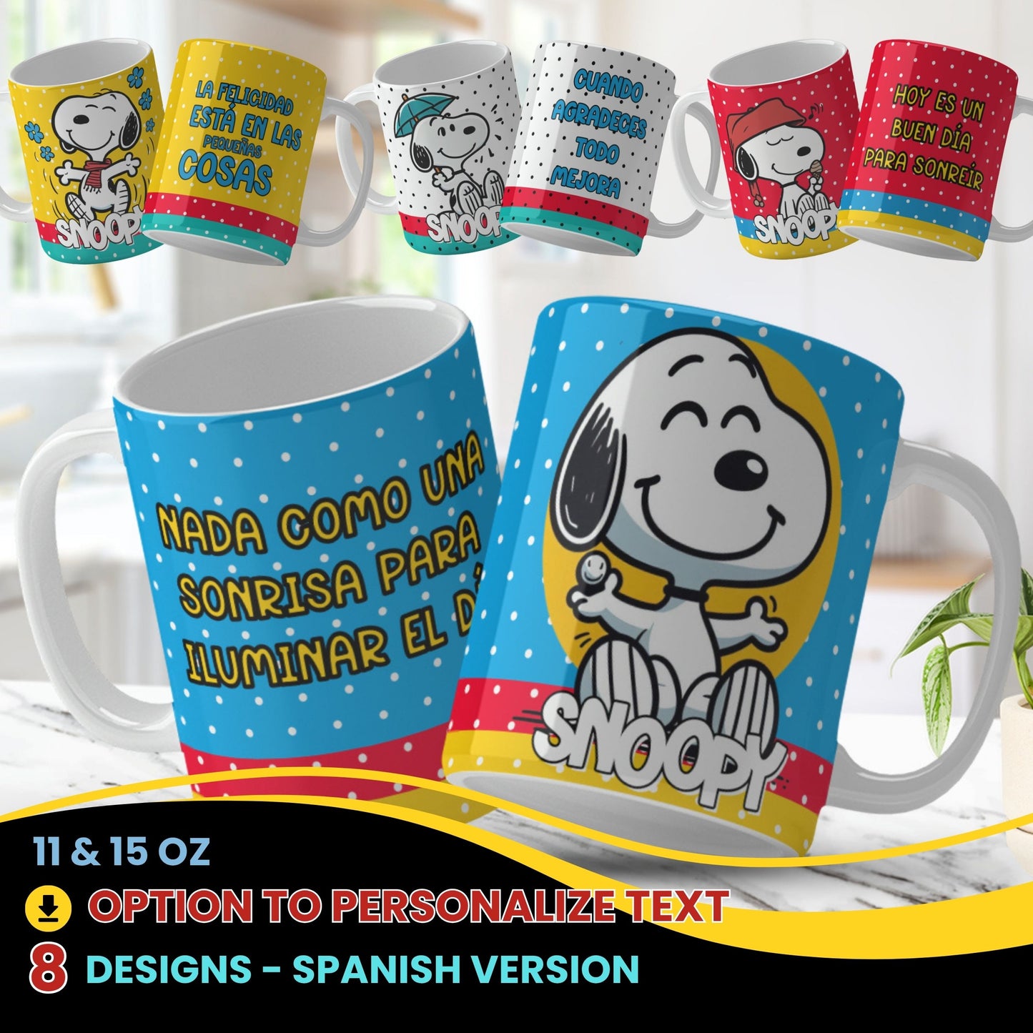 Snoopy-Inspired Spanish Mug Wrap PNGs – Editable Text | 8 Sublimation Designs for 11 & 15oz
