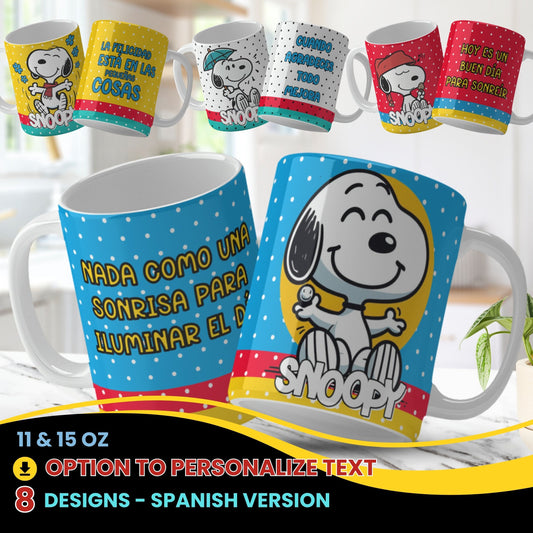 Snoopy-Inspired Spanish Mug Wrap PNGs – Editable Text | 8 Sublimation Designs for 11 & 15oz