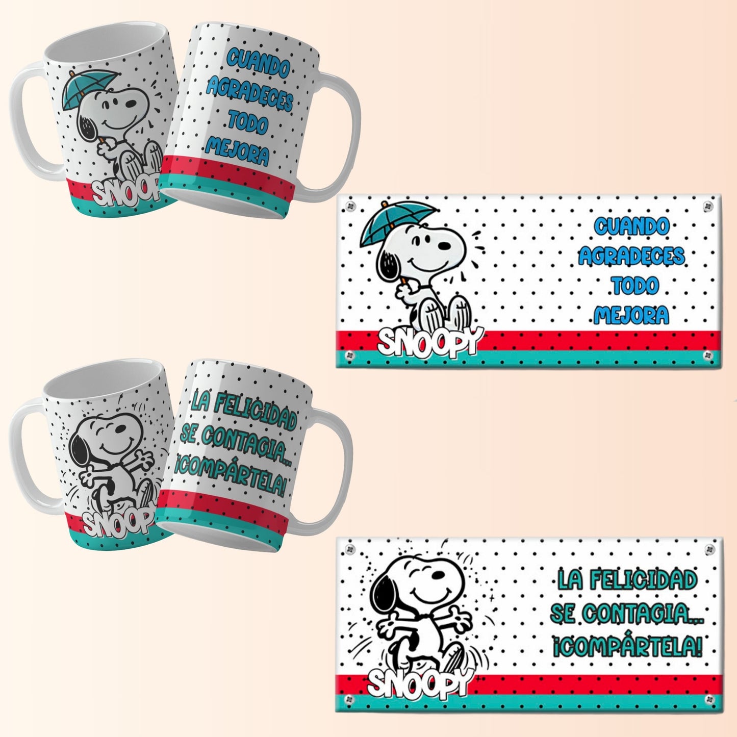 Snoopy-Inspired Spanish Mug Wrap PNGs – Editable Text | 8 Sublimation Designs for 11 & 15oz