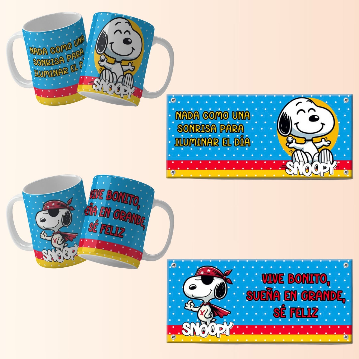 Snoopy-Inspired Spanish Mug Wrap PNGs – Editable Text | 8 Sublimation Designs for 11 & 15oz