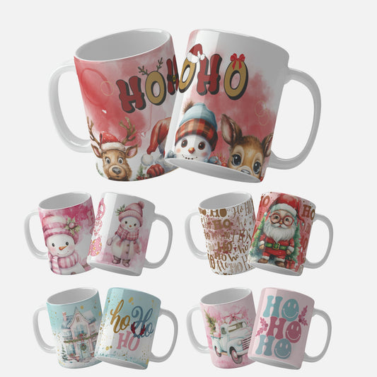 Santa Claus with Ho Ho Ho Background Mug Wrap Design: Festive mug wrap design featuring a cute Santa Claus with a "Ho Ho Ho" background, perfect for Christmas sublimation projects.Ho Ho Ho Characters Mug Wrap Design. Pink Snowman with Ho Ho Ho Elements Mug Wrap Design.Vintage Truck with Christmas Tree and Gifts Mug Wrap Design.Christmas House with Ho Ho Ho Text Mug Wrap Design.