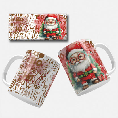  Festive mug wrap design featuring a cute Santa Claus with a "Ho Ho Ho" background, perfect for Christmas sublimation projects.