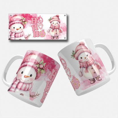 Pink Snowman with Ho Ho Ho Elements Mug Wrap Design: Charming Christmas mug wrap design featuring a pink-themed snowman and "Ho Ho Ho" text with holiday elements, great for sublimation.
