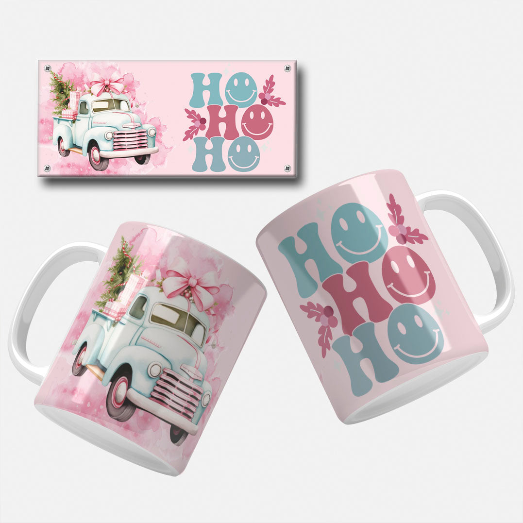 Vintage Truck with Christmas Tree and Gifts Mug Wrap Design: Beautiful Christmas mug wrap design showcasing a vintage truck with a Christmas tree and gifts, accompanied by "Ho Ho Ho" text, perfect for festive sublimation projects.