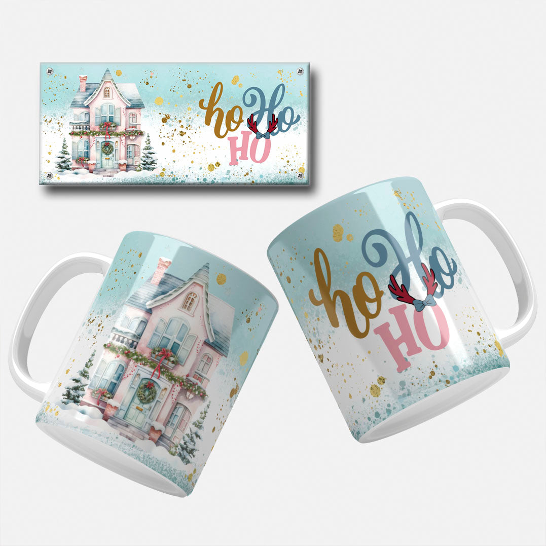 Christmas House with Ho Ho Ho Text Mug Wrap Design: Cozy Christmas mug wrap design featuring a decorated house with "Ho Ho Ho" text and holiday elements, ideal for holiday sublimation crafting.