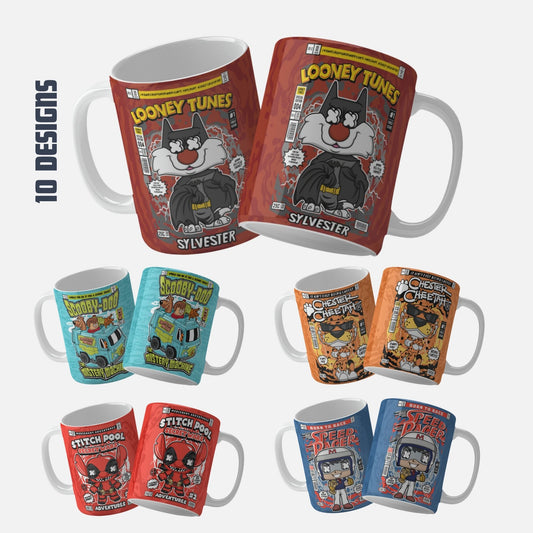A collection of ten custom comic-inspired mug wrap designs featuring iconic characters such as Scooby-Doo, The Mask, The Walking Dead, Sylvester, Stay Puft Marshmallow Man, Speed Racer, The Flash, Snoop Dogg, Slash, and Prince. Each design is uniquely illustrated in a vibrant comic book style, perfect for fans of these legendary characters and pop culture icons.Scooby-Doo Custom Comic-Inspired Mug Wrap.