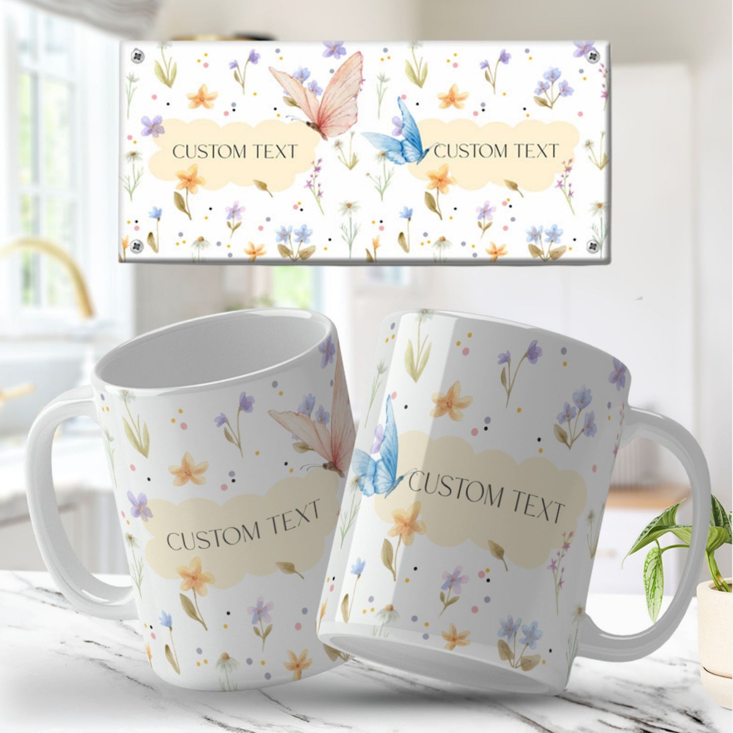 Two mugs with floral and butterfly design and customizable text on a light background.