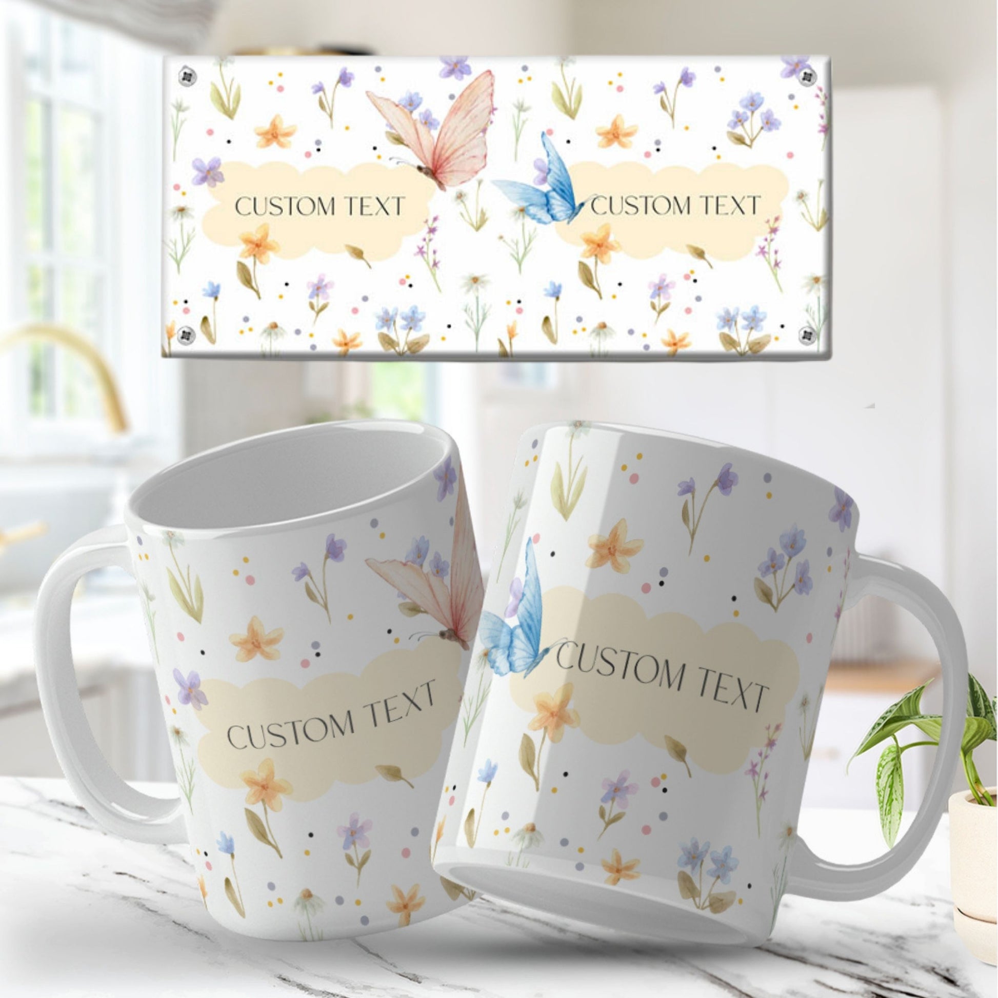 Two mugs with floral and butterfly design and customizable text on a light background.