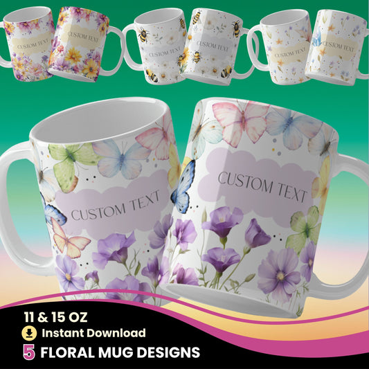 Floral mug designs with 'Custom Text' on a colorful background