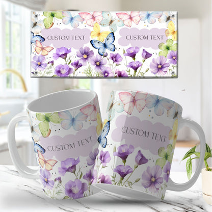 Two mugs with floral and butterfly design on a white surface. Floral Mug Wrap templates.