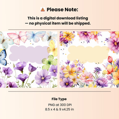 Digital download listing with floral and butterfly designs on a beige background.