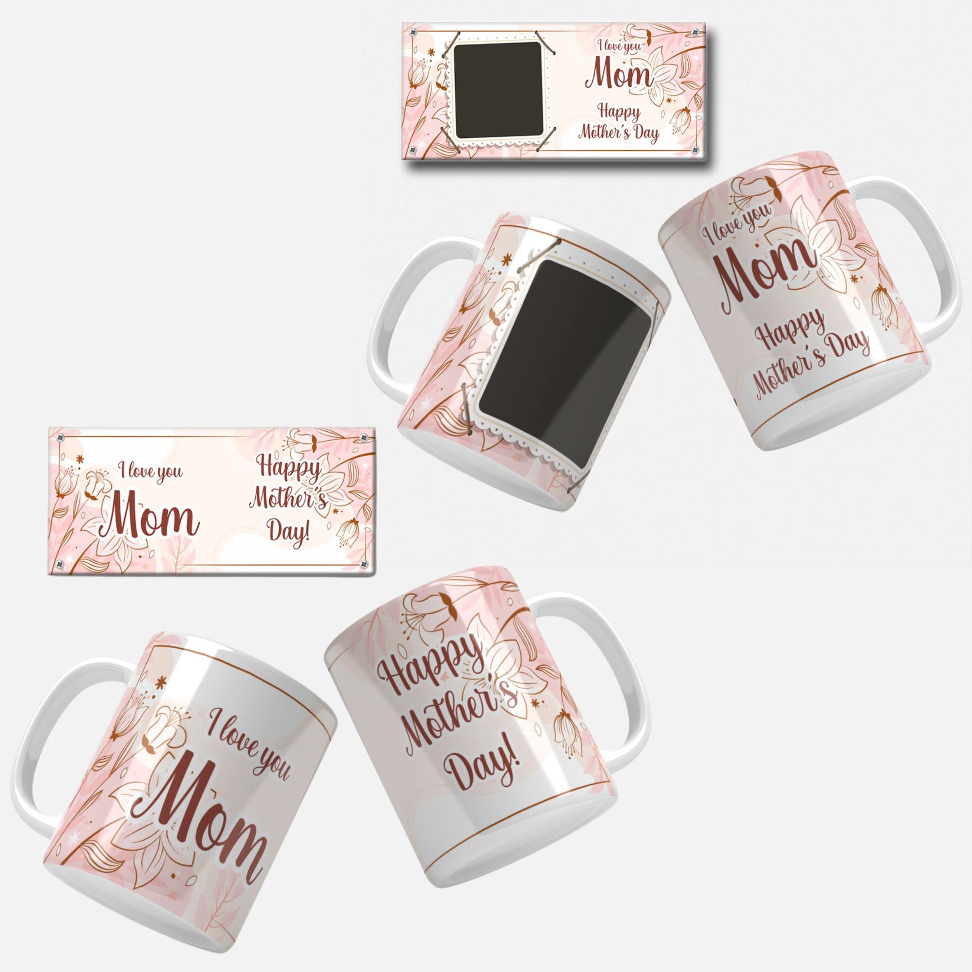 Floral Photo Mother's Day Mug Wrap Design: Elegant floral mug wrap with soft brown and cream flowers, including a customizable photo frame and Mother's Day greeting.