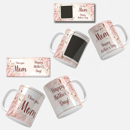 Floral Photo Mother's Day Mug Wrap Design: Elegant floral mug wrap with soft brown and cream flowers, including a customizable photo frame and Mother's Day greeting.