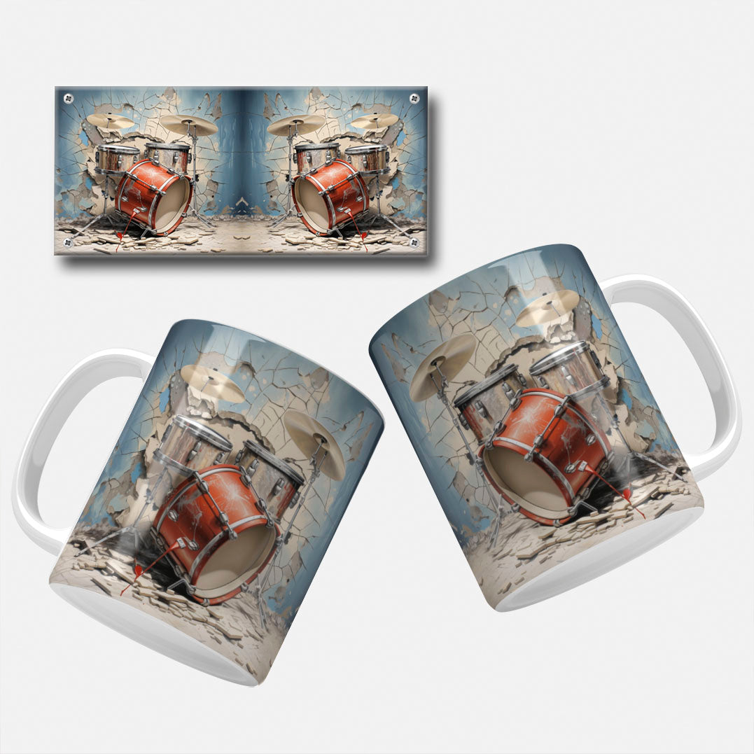 3D drum set mug wrap design featuring a realistic burst-through-the-wall effect, perfect for music lovers and drummers.