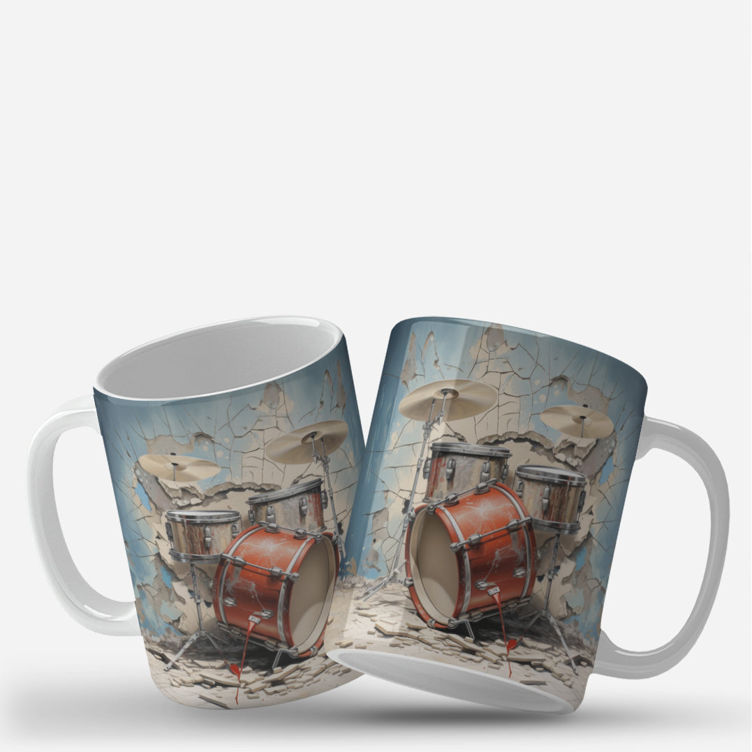 3D drum set mug wrap design featuring a realistic burst-through-the-wall effect, perfect for music lovers and drummers.