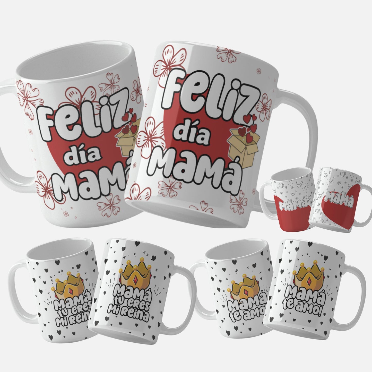 Envoltura para taza con diseño "Feliz Día Mamá", envoltura para taza con diseño "Mamá te amo", envoltura para taza con diseño "Mamá tú eres mi reina", envoltura para taza con diseño de corazón "Mamá"