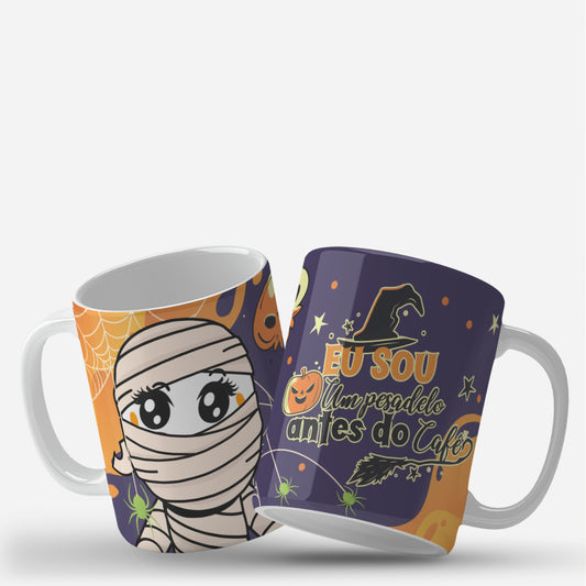 estampa_caneca_halloween_mug_wrap_sublimation_files_Pumpkin Ghost Fun: Delight in the cuteness of a ghost wearing a pumpkin hat amidst a backdrop of grinning jack-o'-lanterns. The playful design and bright colors make this wrap a must-have for any Halloween enthusiast.