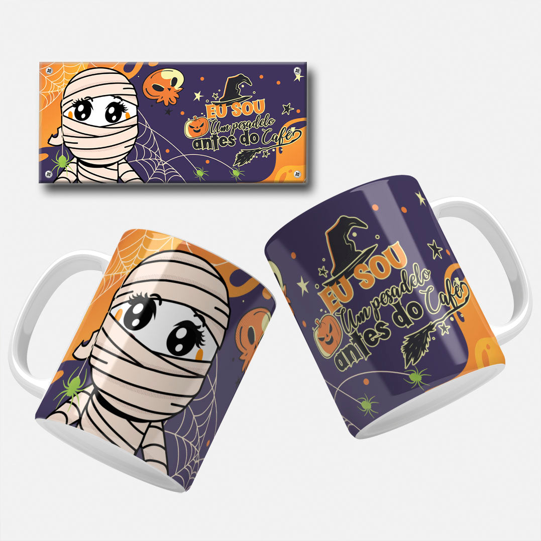estampa_caneca_halloween_mug_wrap_sublimation_files_Pumpkin Ghost Fun: Delight in the cuteness of a ghost wearing a pumpkin hat amidst a backdrop of grinning jack-o'-lanterns. The playful design and bright colors make this wrap a must-have for any Halloween enthusiast.