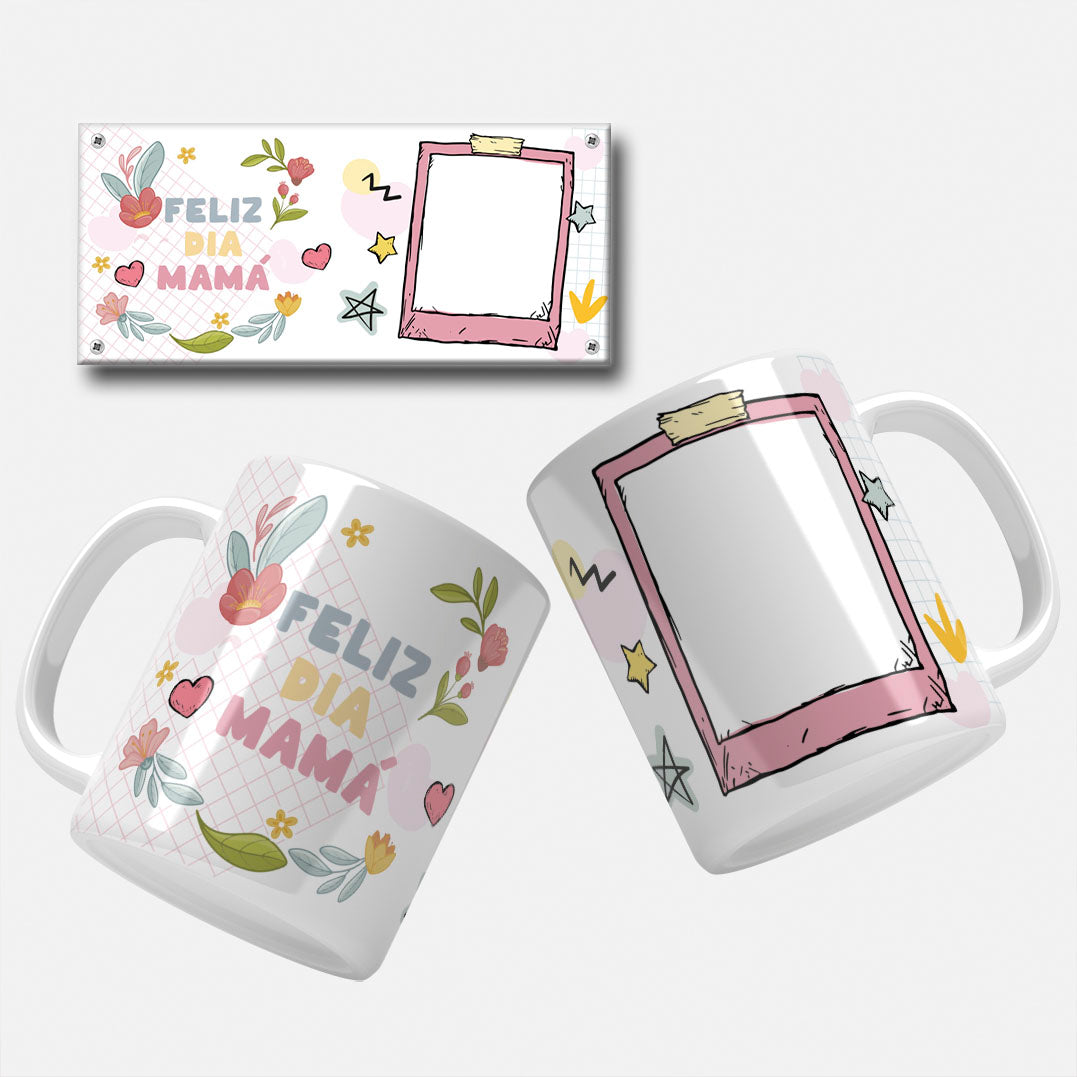 Spanish Mother's Day mug wrap with the text "Feliz Dia Mamá" featuring floral elements and a frame to insert photo.