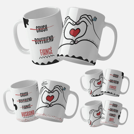 Husband_and_Wife_Mug_Set, Fiancé_and_Fiancée_Mug_Set, Set of two mugs with hands forming and Set of two mugs with hands forming a heart and a red heart in the center, labeled 'Fiancé' and 'Fiancée a heart and a red heart in the center, labeled 'Husband' and 'Wife