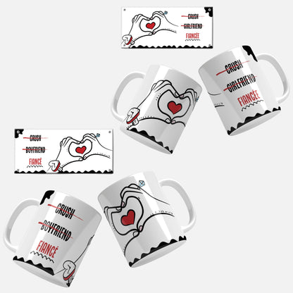 Fiancé_and_Fiancée_Mug_Set.png, Set of two mugs with hands forming a heart and a red heart in the center, labeled Fiancé and Fiancée