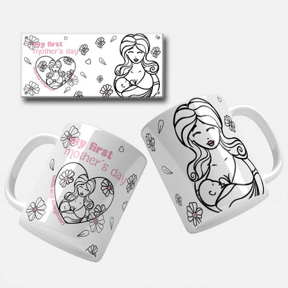 First Mother's Day mug wrap design with 'My First Mother's Day with My Daughter' text and pink polka dots