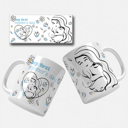 First Mother's Day mug wrap design with 'My First Mother's Day with My Son' text and blue polka dots