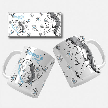 Mom's Mug for First-Time Moms mug wrap design with a pregnant woman illustration and blue polka dots