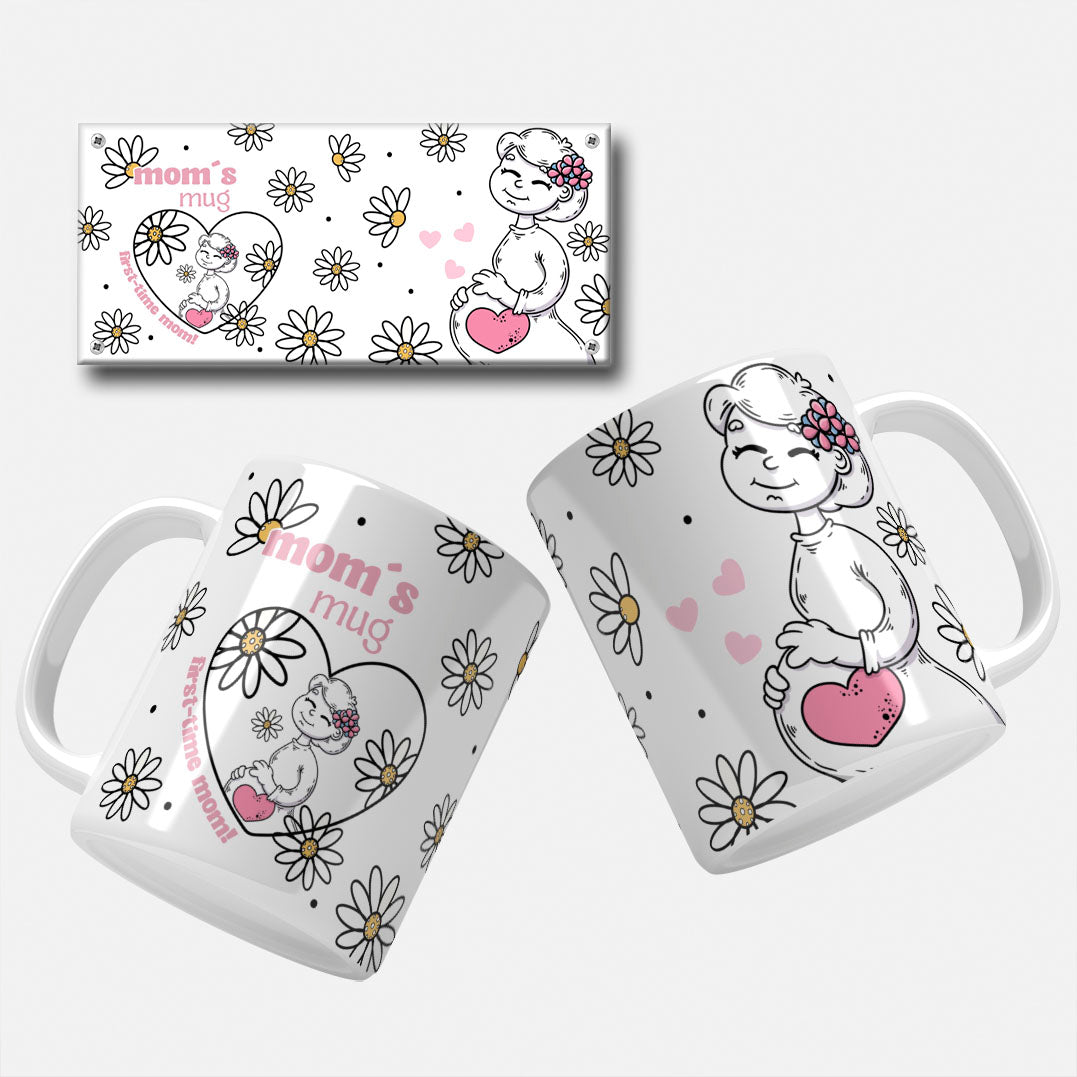 Mom's Mug for First-Time Moms mug wrap design with a pregnant woman illustration and pink hearts