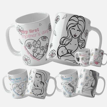 First Mother's Day mug wrap design with 'My First Mother's Day with My Daughter' and "First time With my son" text and pink and blue polka dots. Mom's Mug for First-Time Moms mug wrap design with a pregnant woman illustration hearts
