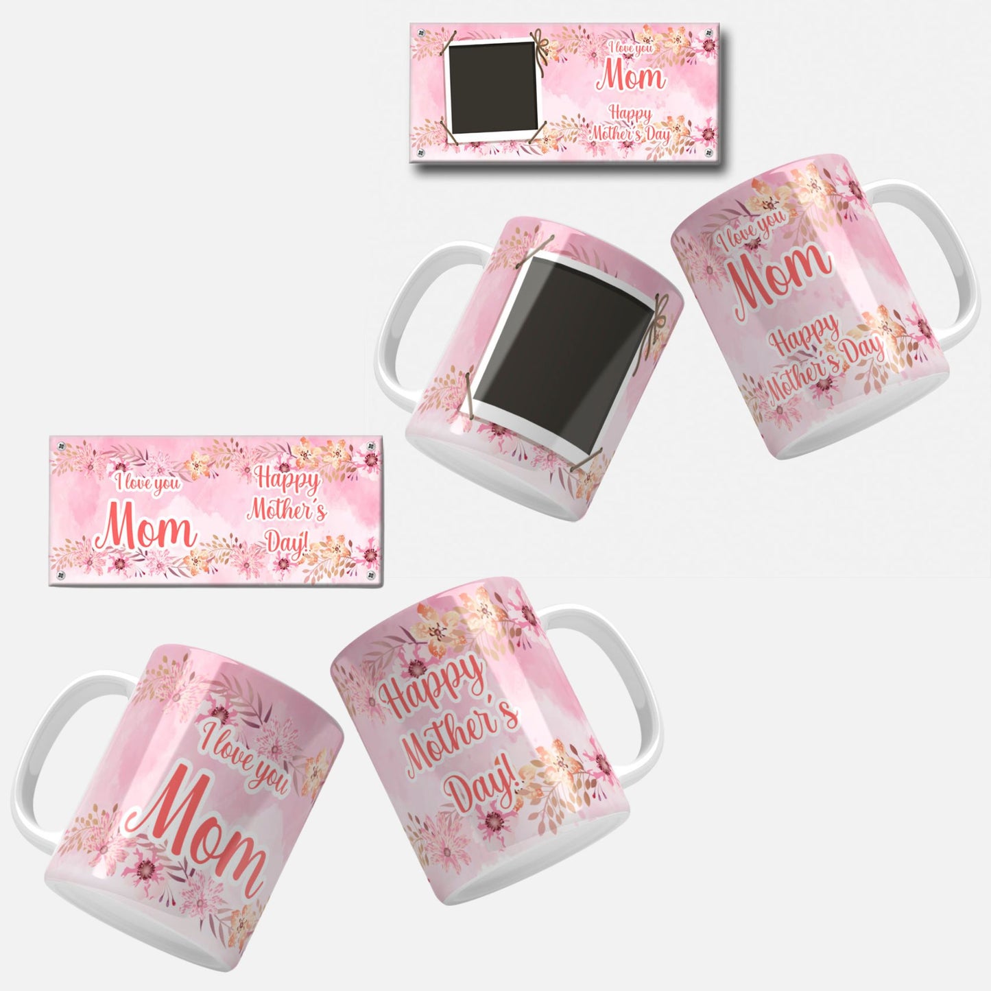 Floral Photo Mother's Day Mug Wrap Design: Pink and brown floral mug wrap design, with space for a photo and a special Mother's Day message