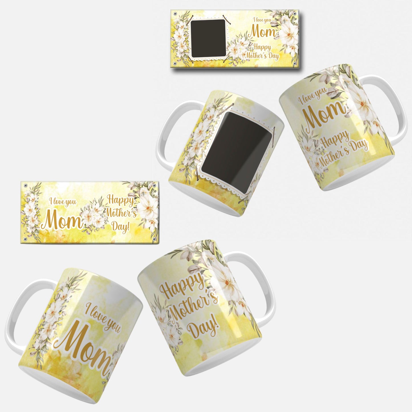 Floral Photo Mother's Day Mug Wrap Design: Pink and yellow floral mug wrap design, with space for a photo and a special Mother's Day message