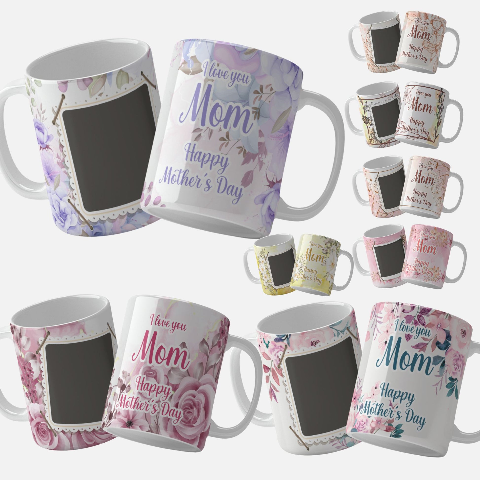 A collection of beautifully designed floral photo mug wraps for Mother's Day, featuring vibrant floral patterns in pastel colors with customizable photo frames and heartfelt messages like "I love you Mom" and "Happy Mother's Day," perfect for creating a personalized and cherished gift for mom.