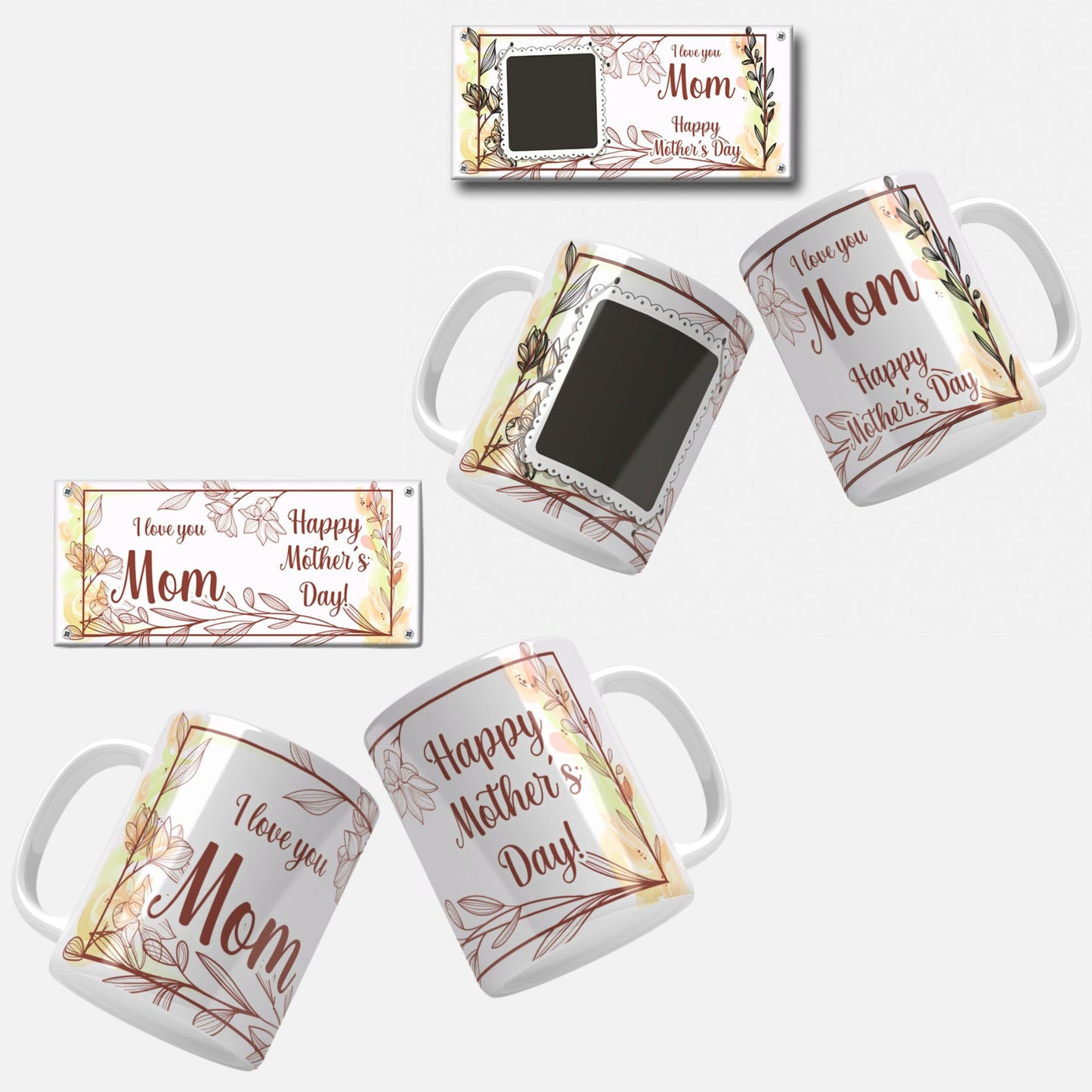 Floral Photo Mother's Day Mug Wrap Design: green and brown floral mug wrap design, with space for a photo and a special Mother's Day message