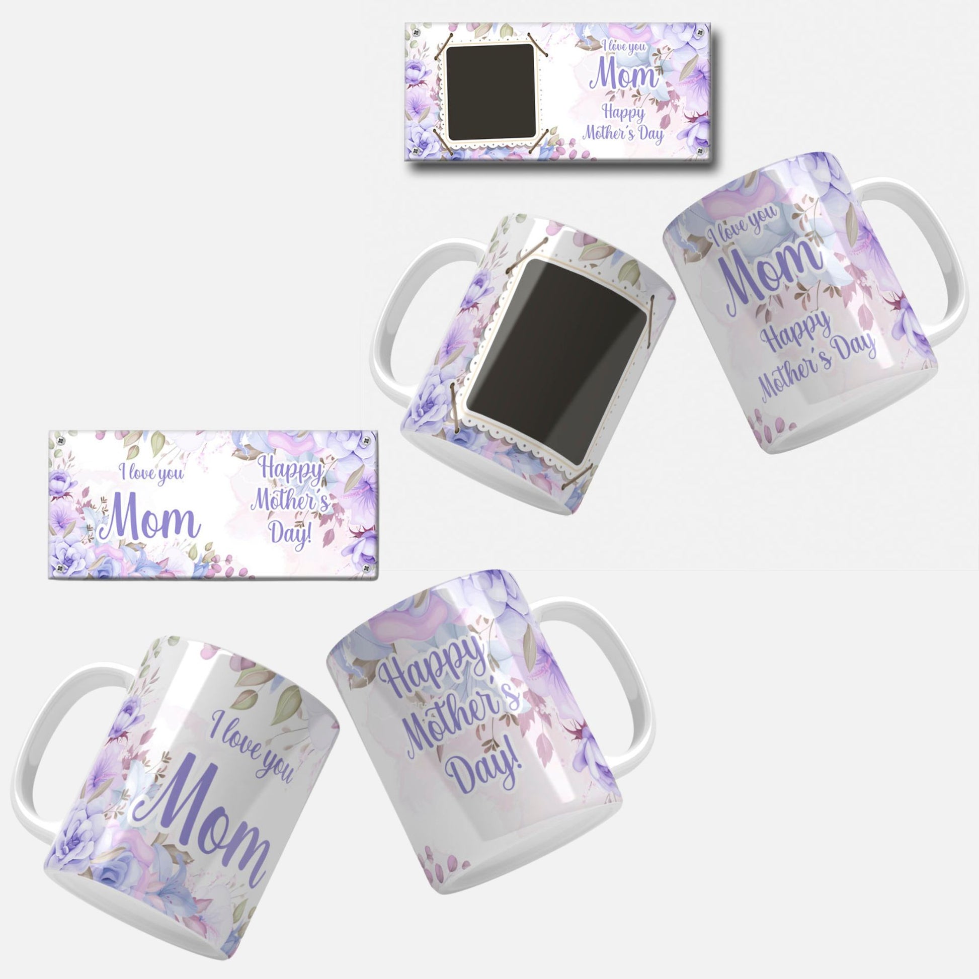 Floral Photo Mother's Day Mug Wrap Design: A floral mug wrap design with lavender and blue flowers, featuring a heartfelt Mother's Day message.