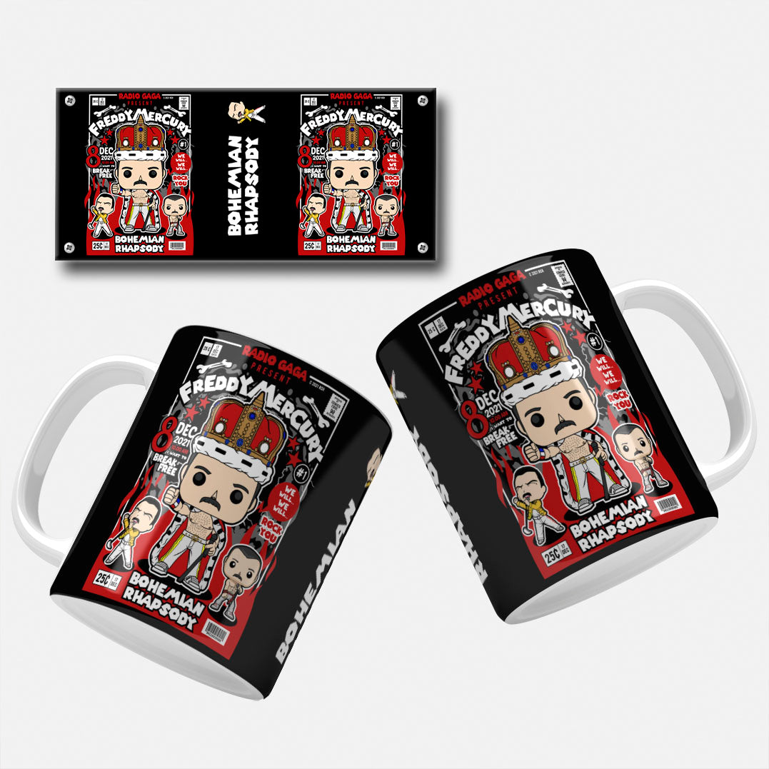 Freddie Mercury Mug Wrap design sublimation file (Bohemian Rhapsody) Design showcasing Freddie Mercury in a cartoon/comic style, referencing the iconic Queen frontman.