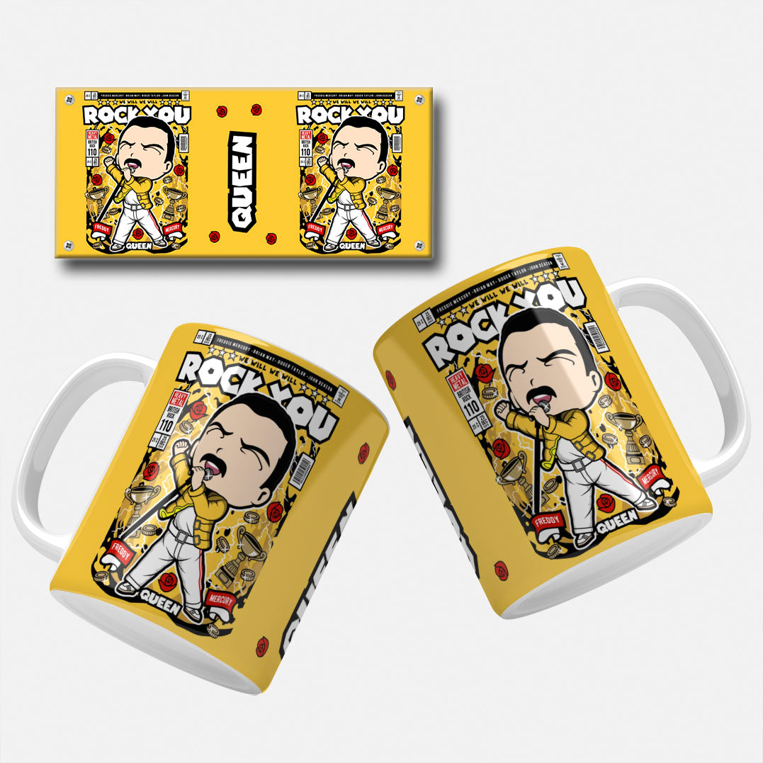 Freddie Mercury mug wrap design (We Will Rock You) This design includes Freddie Mercury with a "We Will Rock You" theme, celebrating the famous Queen anthem.
