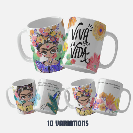 Frida Kahlo Mug Wrap Designs with Quotes in Spanish PNG
