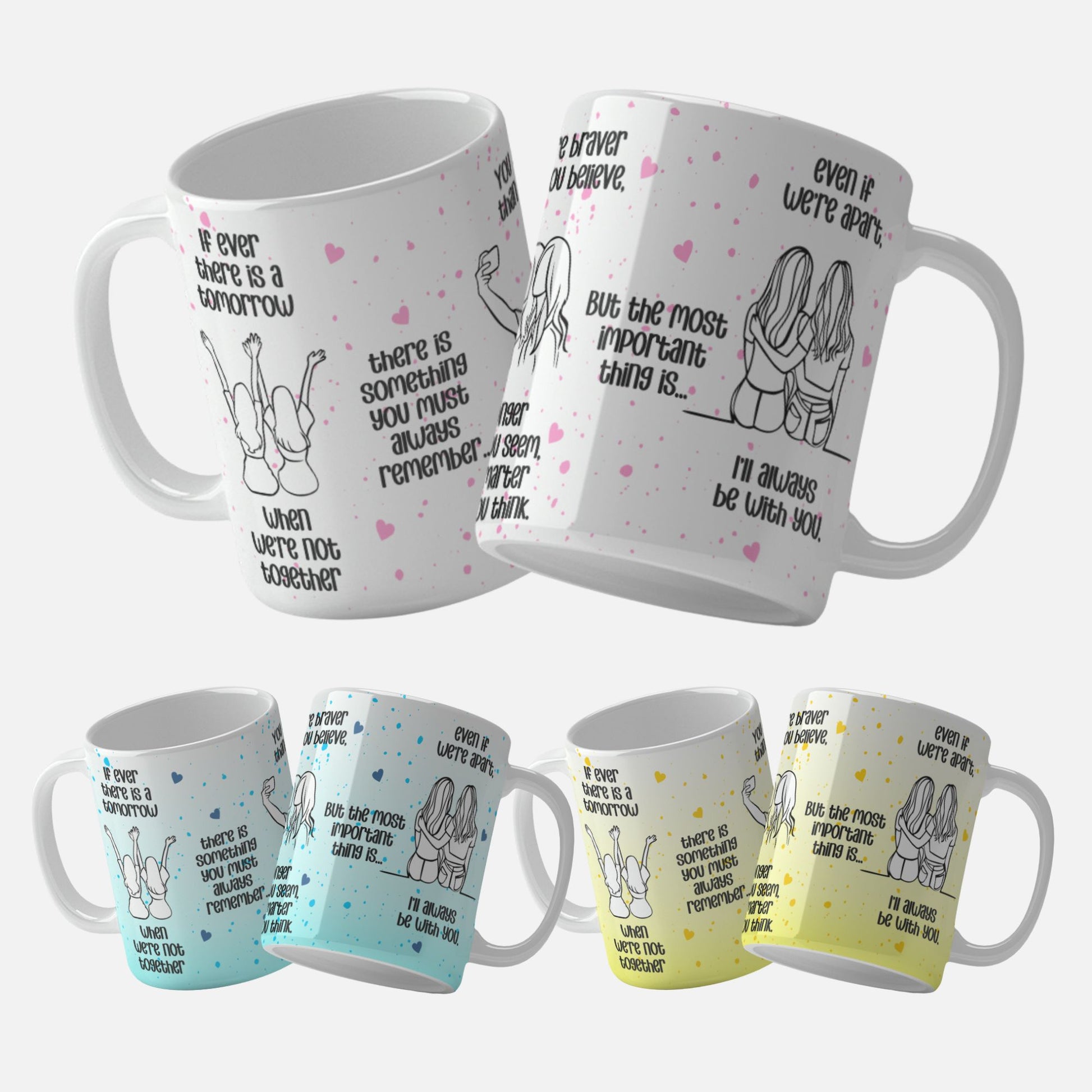 Friendship Quote Mug Wrap Design. A lively mug wrap design adorned with touching friendship quotes and illustrations of friends.
