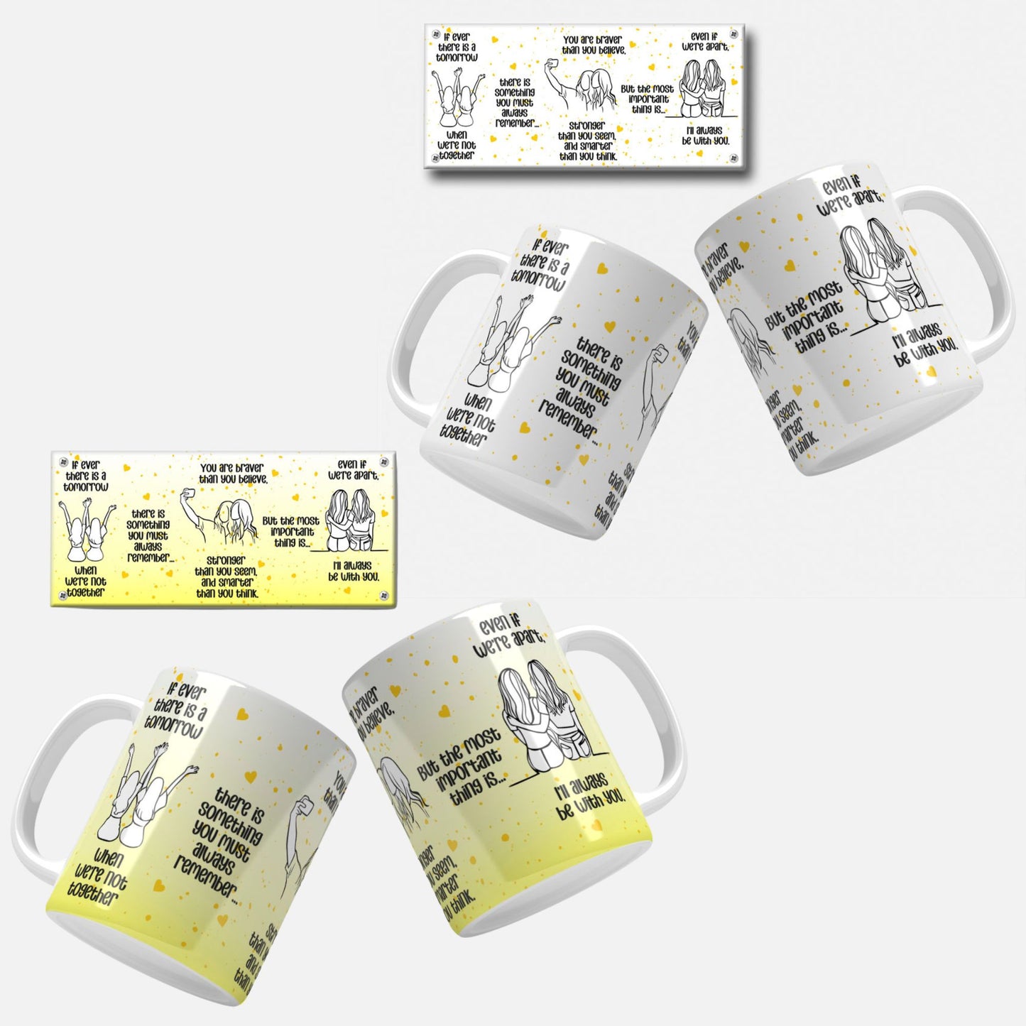 Friendship Quote Mug Wrap Design. A lively yellow mug wrap design adorned with touching friendship quotes and illustrations of friends.