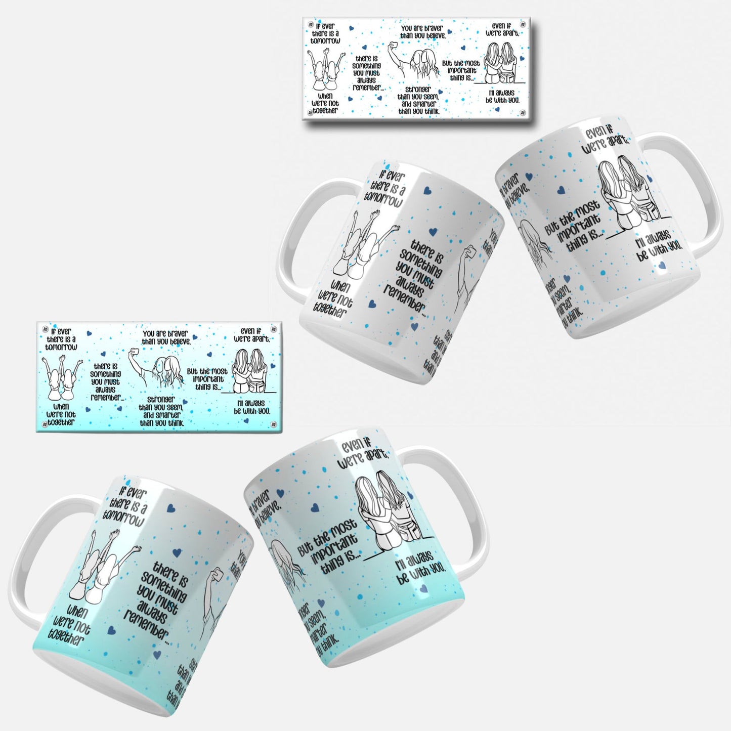 Friendship Quote Mug Wrap Design. A lively blue mug wrap design adorned with touching friendship quotes and illustrations of friends.