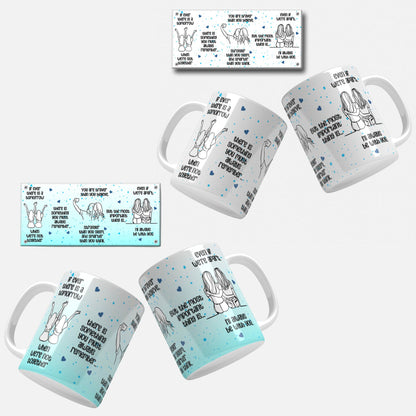 Friendship Quote Mug Wrap Design. A lively blue mug wrap design adorned with touching friendship quotes and illustrations of friends.