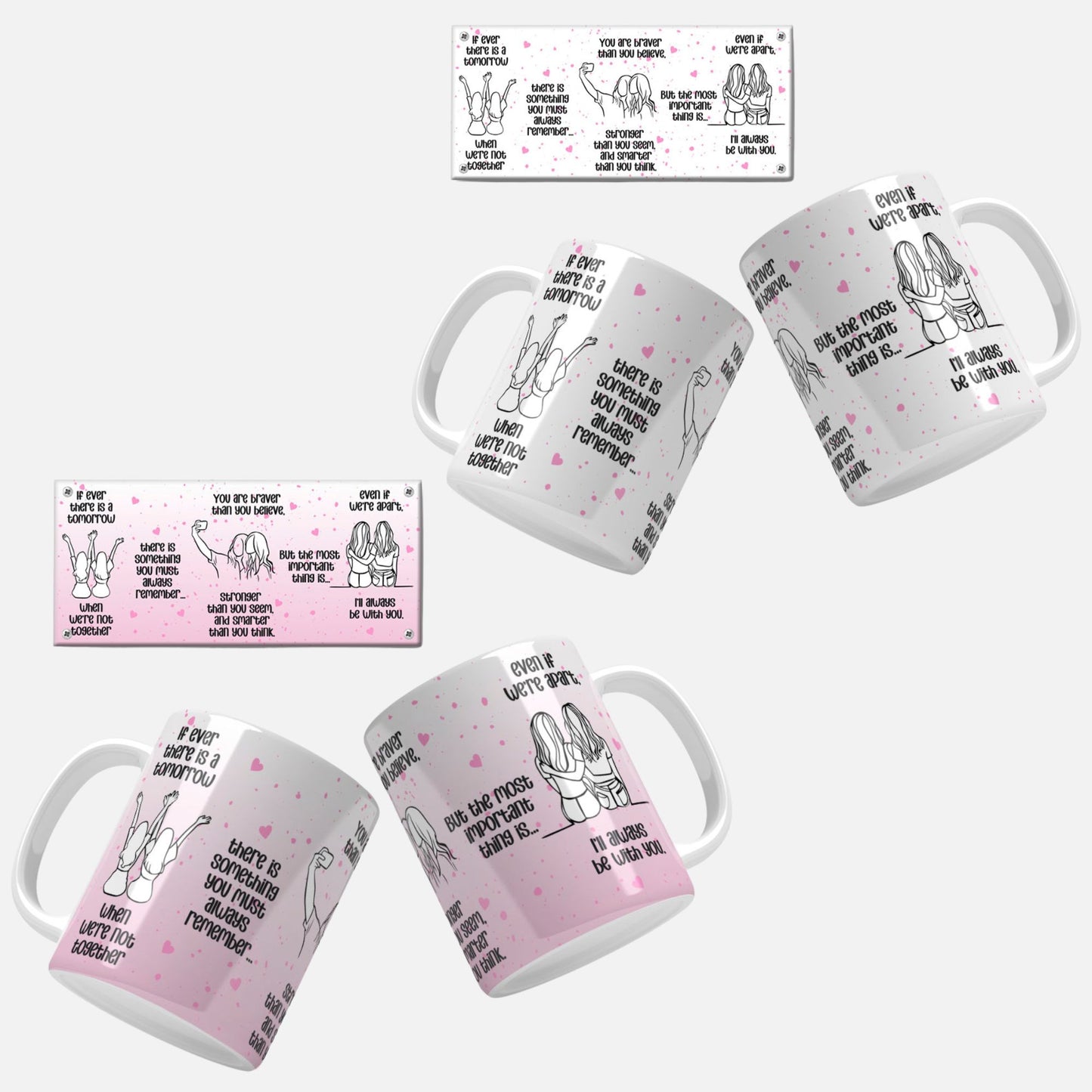 Friendship Quote Mug Wrap Design. A lively pink mug wrap design adorned with touching friendship quotes and illustrations of friends.