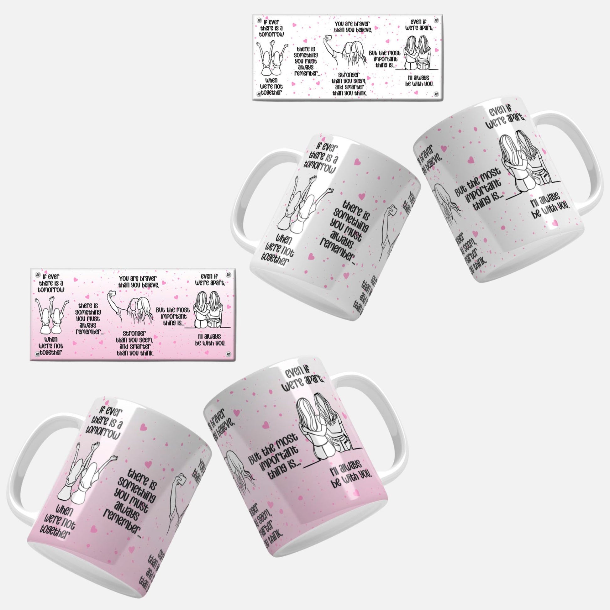 Friendship Quote Mug Wrap Design. A lively pink mug wrap design adorned with touching friendship quotes and illustrations of friends.