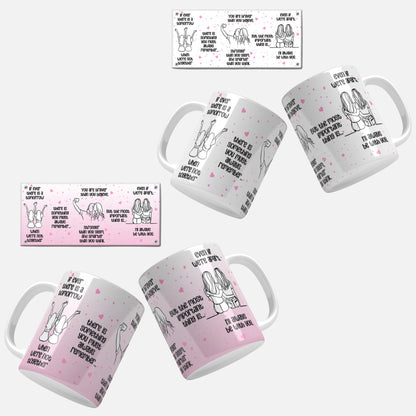 Friendship Quote Mug Wrap Design. A lively pink mug wrap design adorned with touching friendship quotes and illustrations of friends.