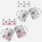 Friendship Quote Mug Wrap Design. A lively pink mug wrap design adorned with touching friendship quotes and illustrations of friends.